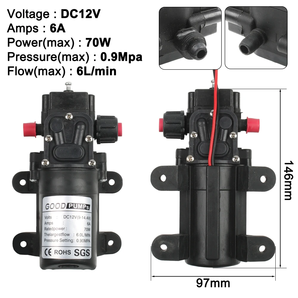 Микро электрический мембранный Водяной насос DC12V24V 70 Вт высокого давления для мытья автомобиля спрей водяной насос 0.9Mpa 6л/мин