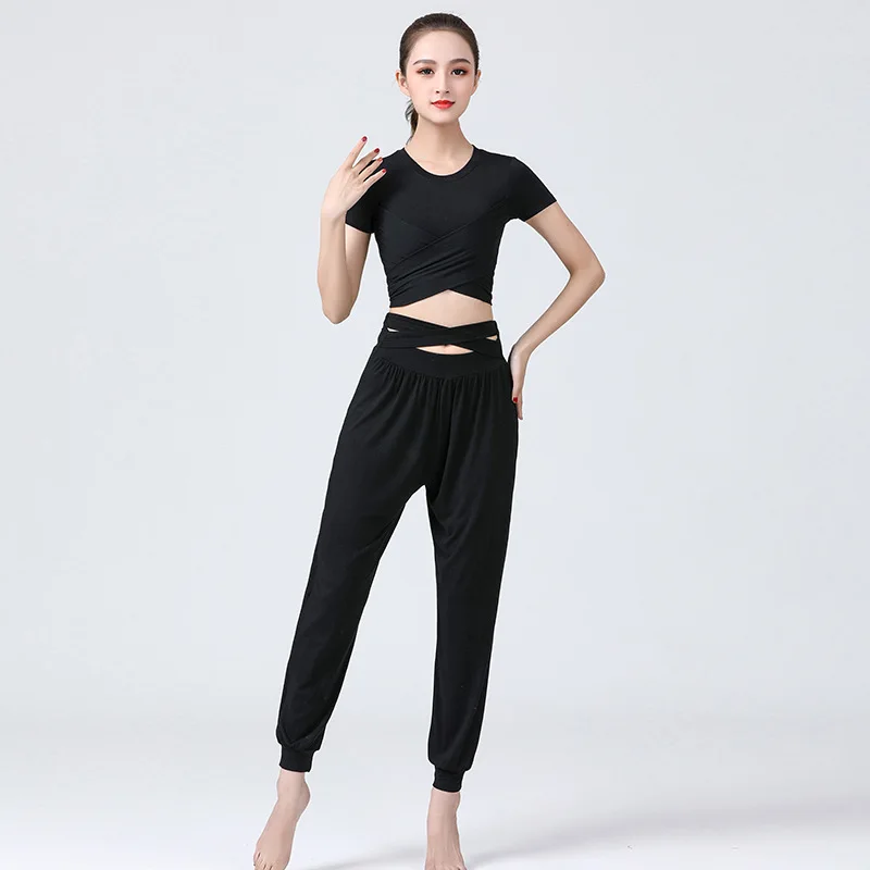 Женский костюм для латинских танцев черный топ + штаны сальса Самба