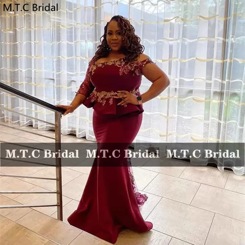 

Plus Size Burgundy African Evening Dress Off The Shoulder Mermaid Gold Appliques Long Formal Gowns For Prom Party Custom Made