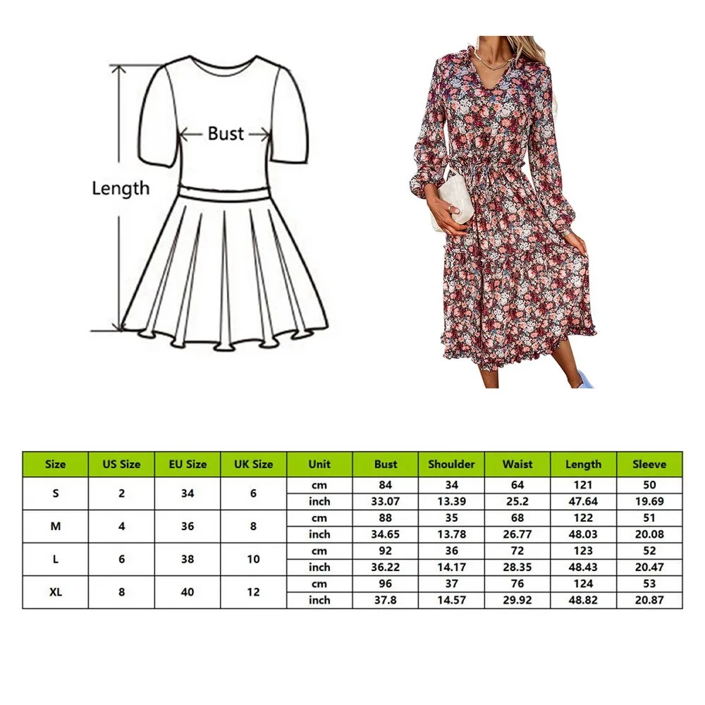 

2021 Summer Women Vintage Dress High Waist Ruffle Lady Casual Dress Sexy V-Neck Elegant Floral Printed Puff Sleeve Female Dress