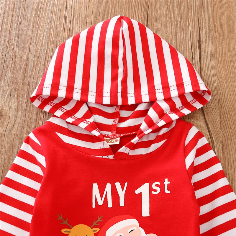 2020 Christmas Newborn Baby Boy Girls Hoodie Long Sleeve Romper Striped Clothes Infant Romper 0-18M