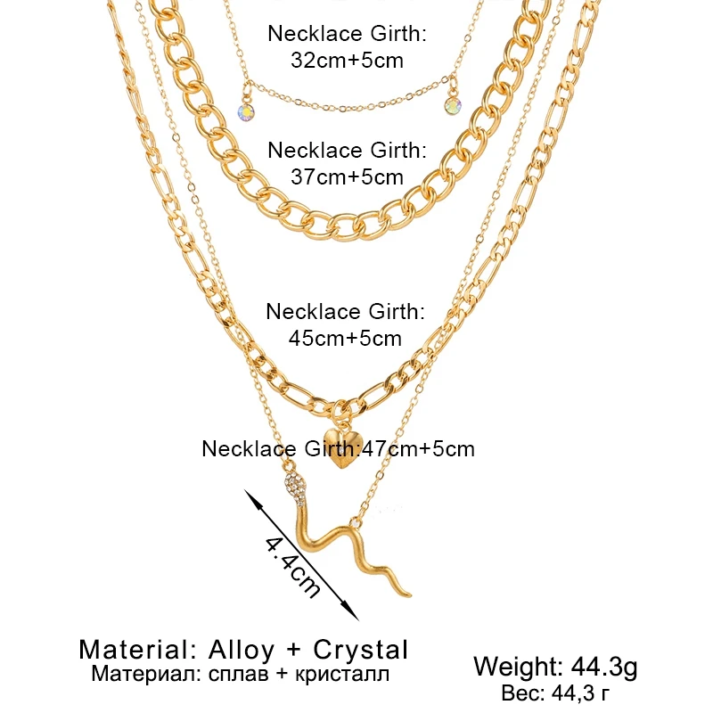 

Trendy Gold Crystal Inlay Multilevel Snake Chain Necklace For Women Heart Pendant Choker Necklaces Jewlery Gift
