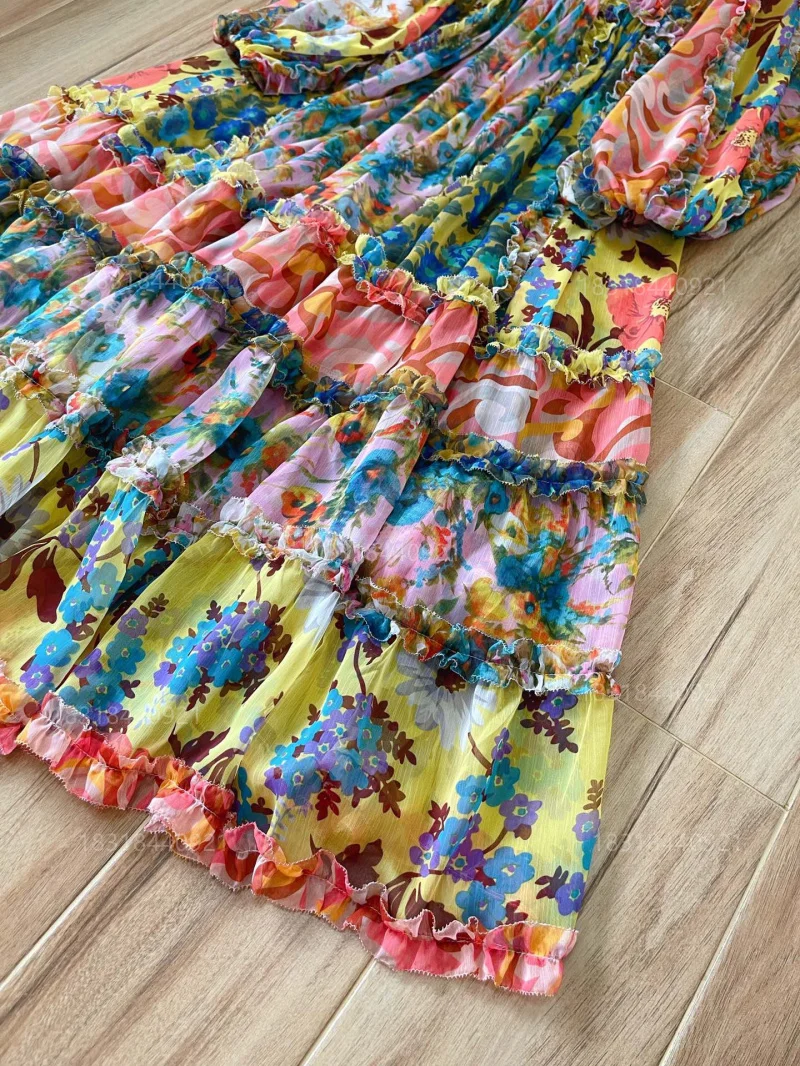 

2021 Summer New Fashion Ear Edge V-Neck Long Sleeve Dress Ethnic Print Pleated A-line Swing Dress For Women