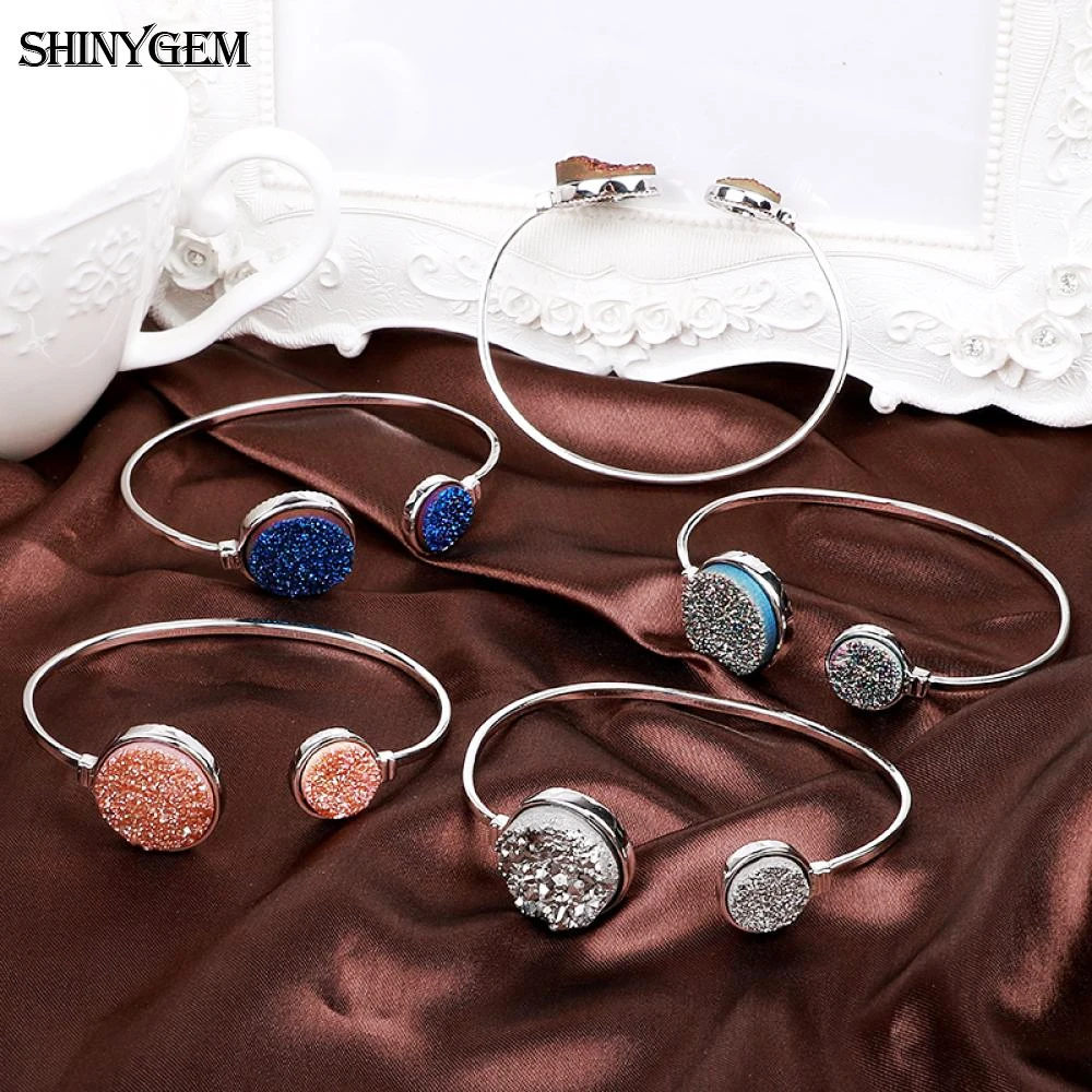 

ShinyGem trendy Asymmetric Round Natural Blue Crystal Druzy Stone Bracelets For Women Open Cuff Silver Color Bangle Adjustable
