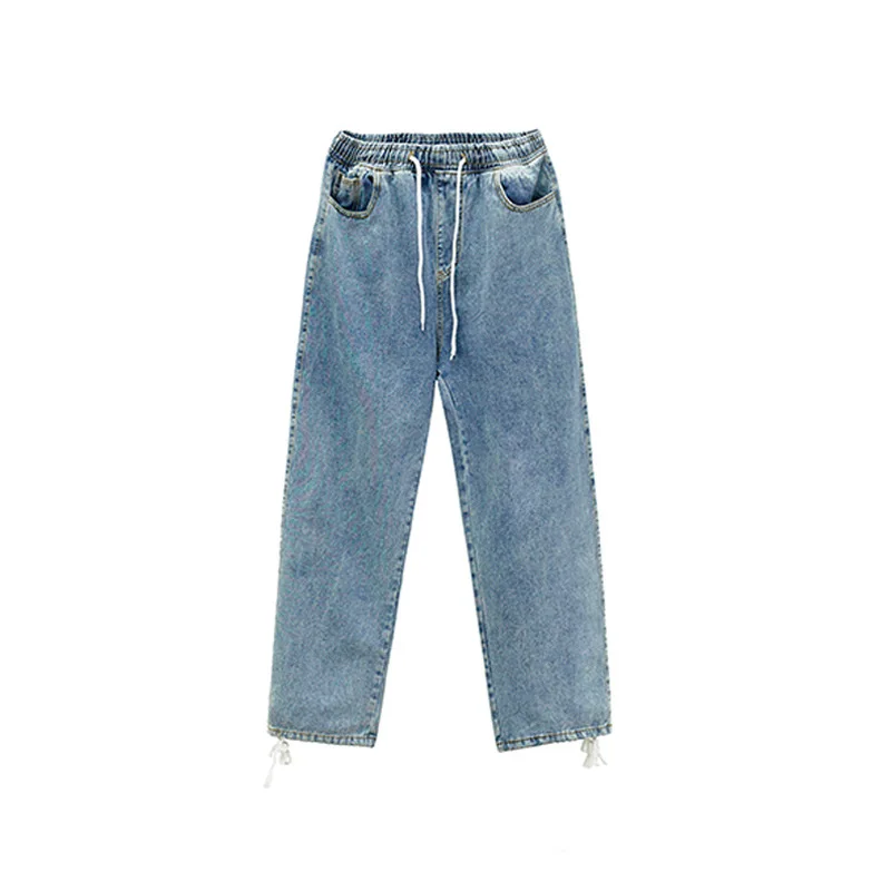 

Autumn Loose Straight-Leg Jeans Men Korean Style Drawstring Baggy Joggers Solid Cropped Pants Plus Size Fashion Denim Pants
