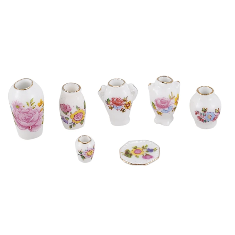 

Dollhosue miniature modern ceramic china porcelain rose vase 7pcs