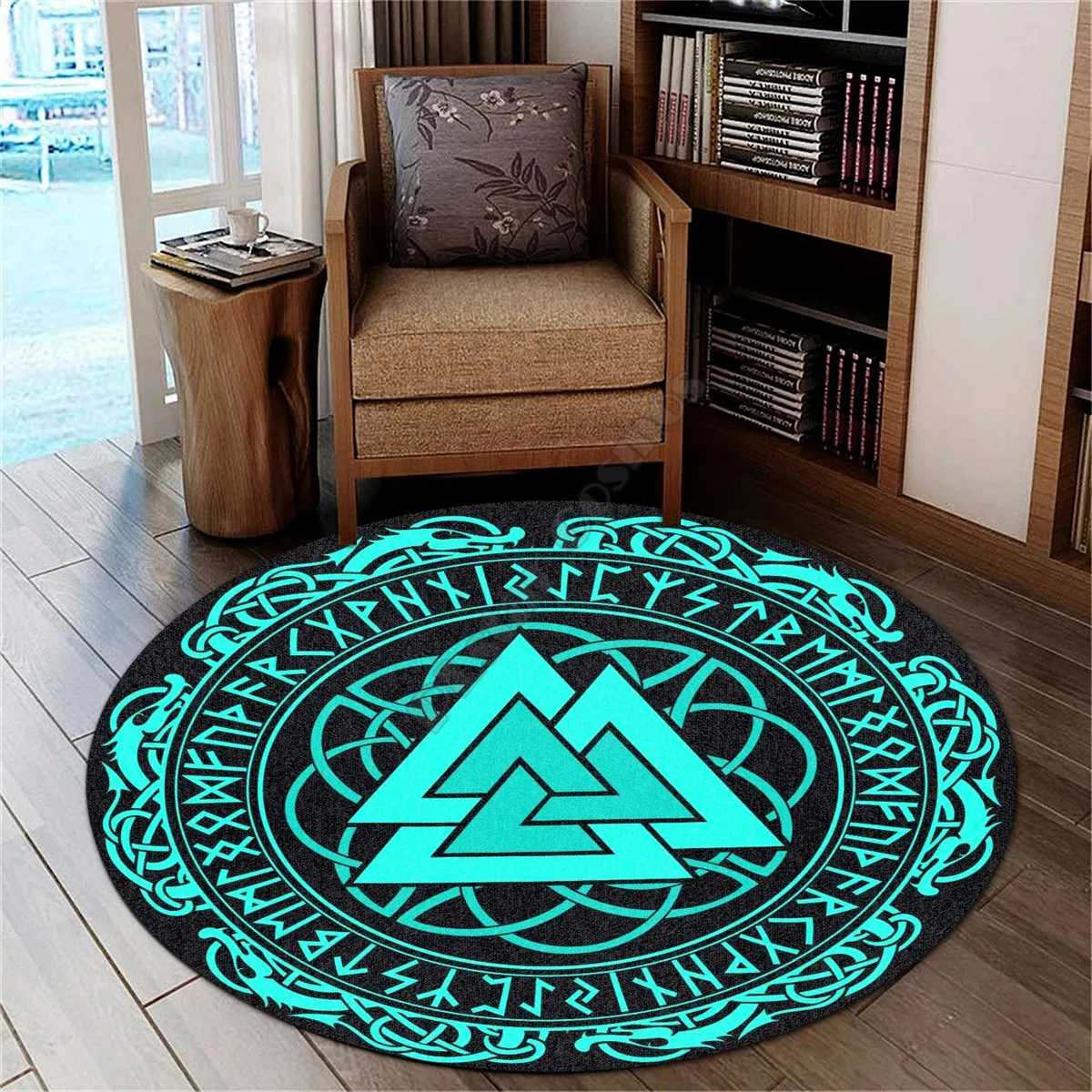 

Viking Style Carpet Valknut Dragon Cyan 3D Printed Rug Non-slip Mat Dining Living Room Soft Bedroom Carpet