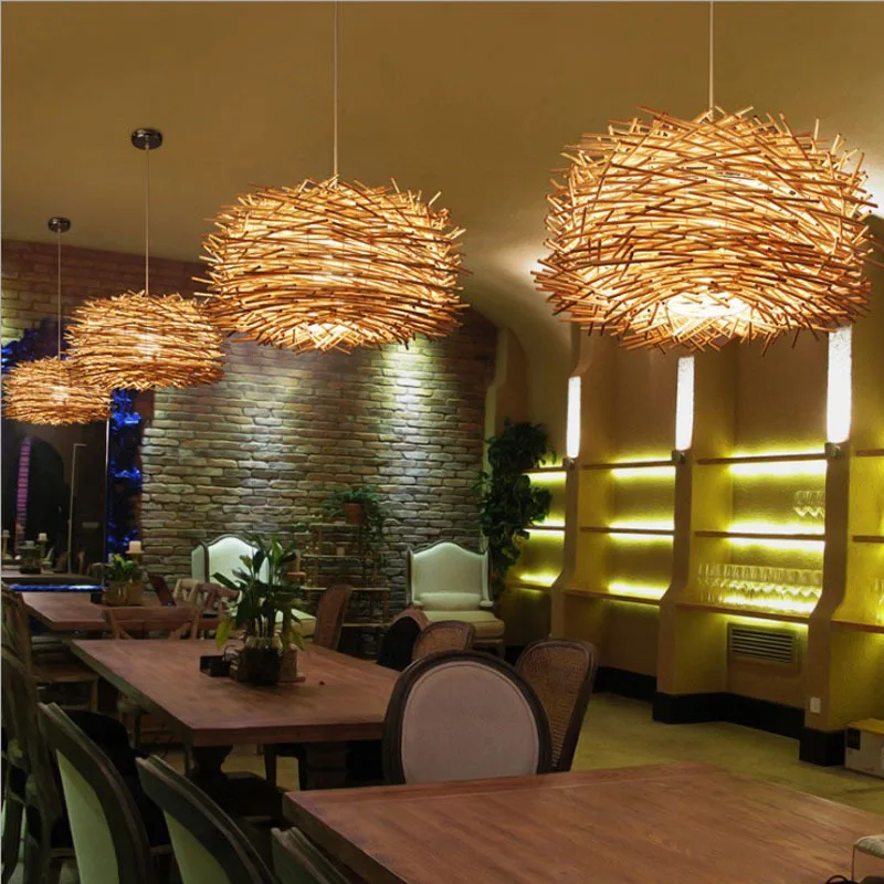 

Chinese Garden Bird Nest Pendant Lamp Rattan Light Wood Handmade Restaurant Cafe Bar Hanging Lights Bamboo Chandelier Lamparas