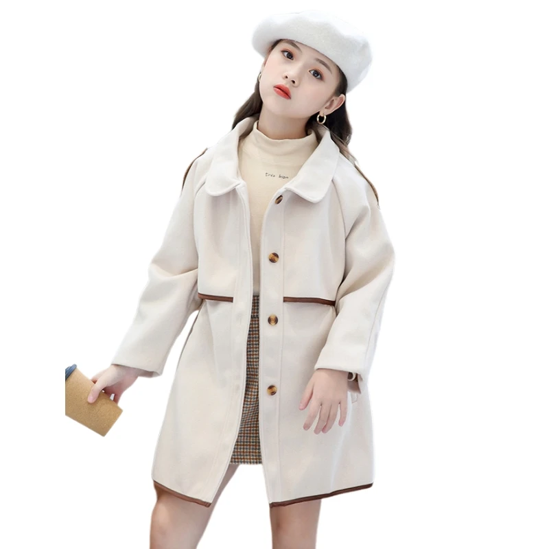 

Teen Girls Woolen Windbreaker Jacket Mid-length Children's Autumn Winter Clothes Fashion Girl Thickened Woolen Coat 12 14 Year