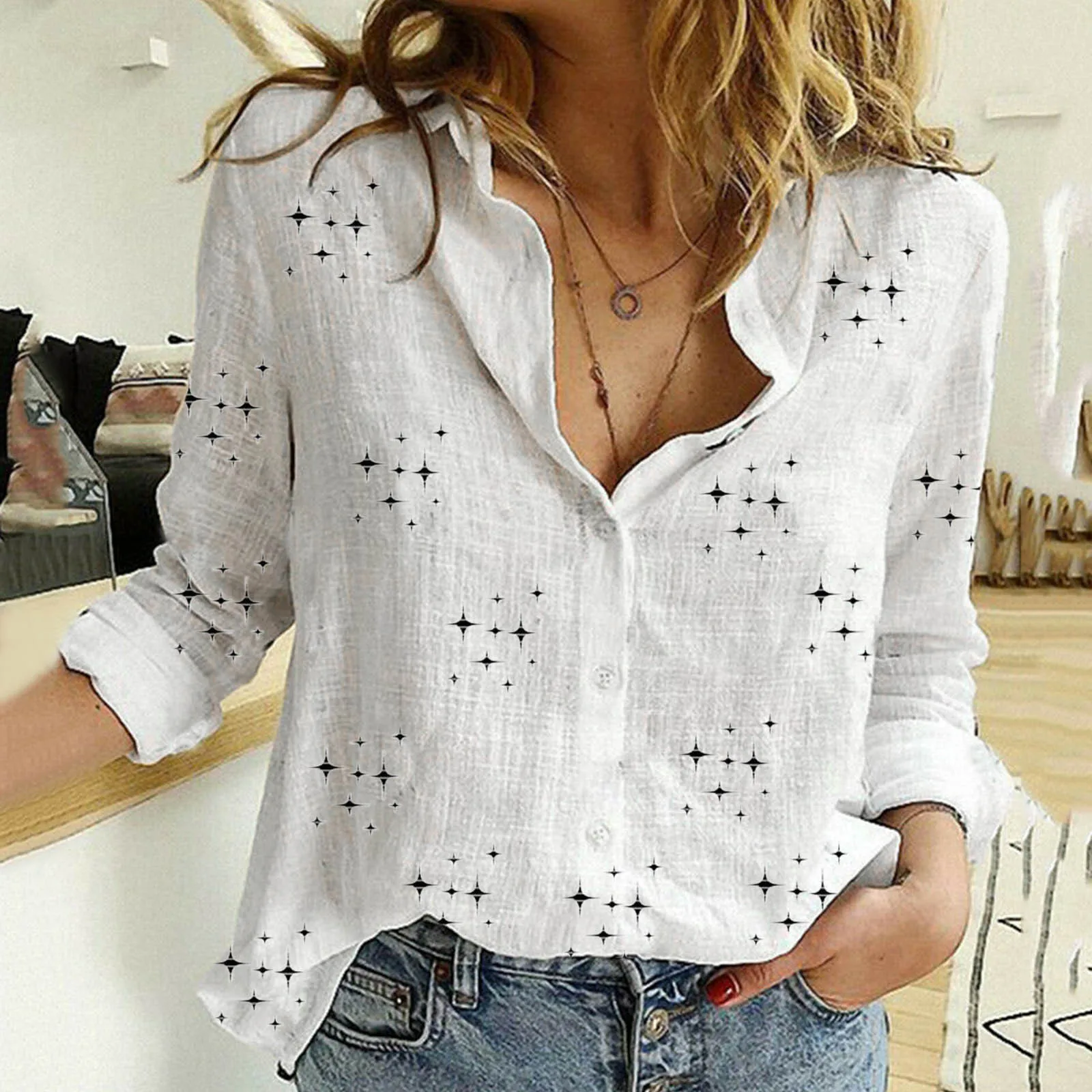 

Женская Повседневная рубашка, элегантная белая рубашка с отложным воротником, длинными рукавами и принтом звезд, Топ свободного покроя,