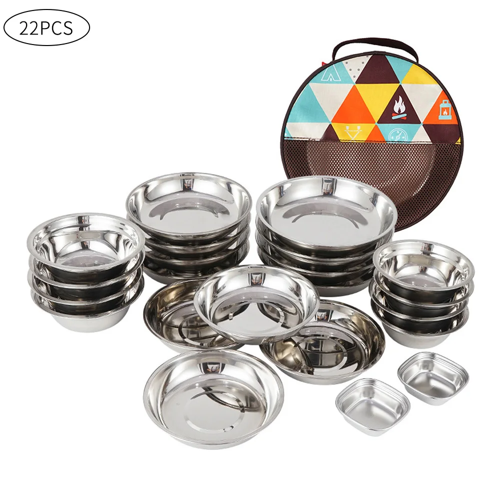 

22PCS Stainless Steel Plate Bowl Portable Camping Round Picnic Dinner Dishes Accessories For Camping Outdoor Hiking Travel