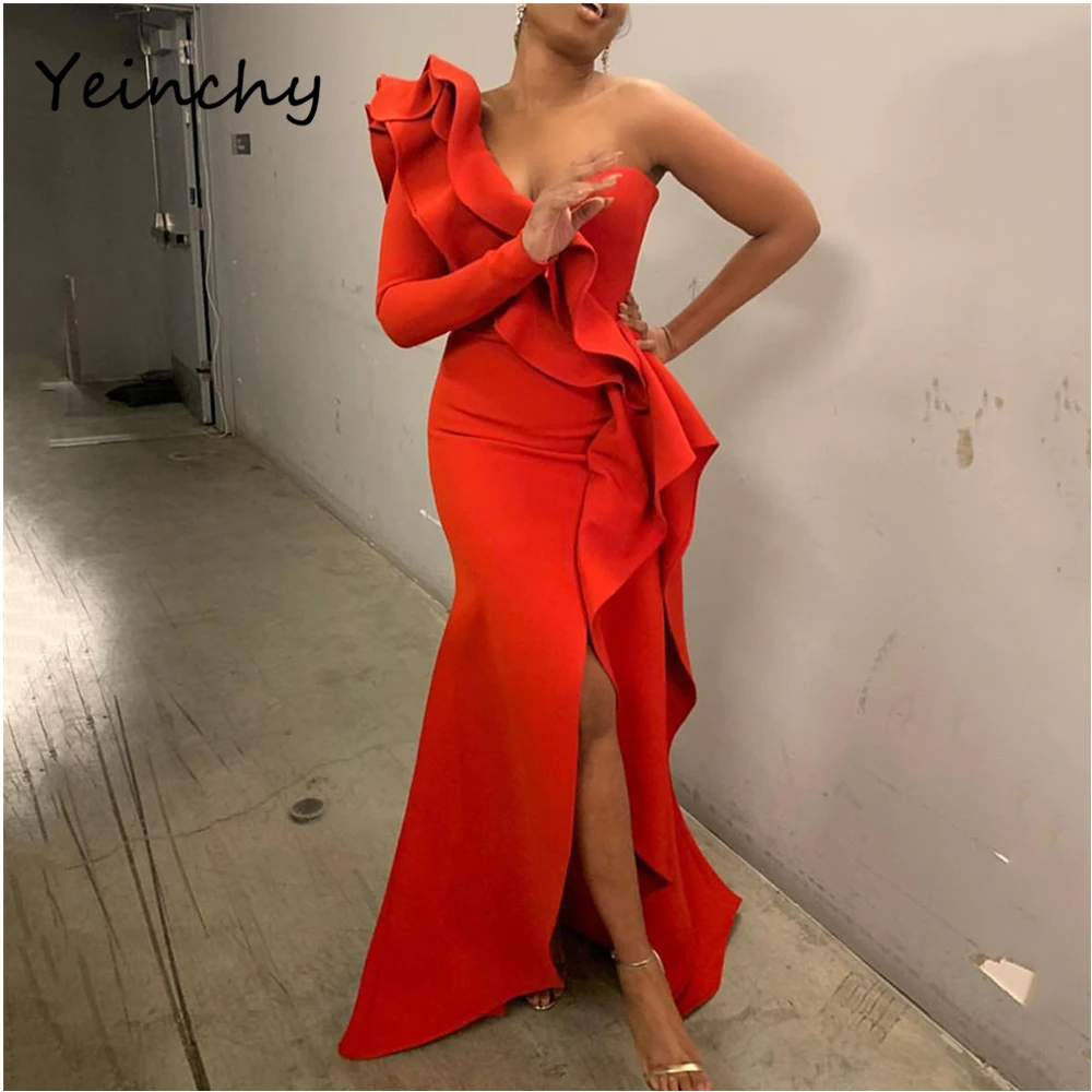 

Yeinchy ladies V neck backless maxi ruffles Dresses one long Sleeve bodycon split Party floor length Dresses FM6199