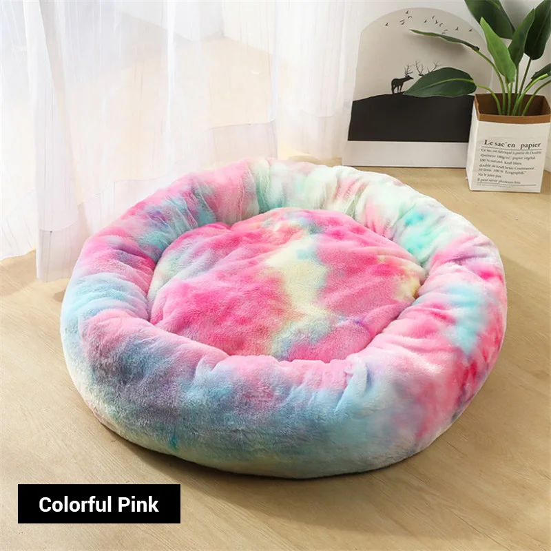 colorful pink Славный KEK Роскошная Лежанка для собаки теплый глубокий сон толстый пончик ПЭТ кровати для кошек маленькие/средние собаки длинный ворс плюш мягкий круглый дом собаки - Цвет: colorful pink