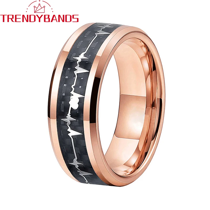 

Rose Gold 8mm Men Women Tungsten Carbide Couples Ring Heartbeat Wedding Band Black Carbon Fiber High Polished Finish Comfort Fit