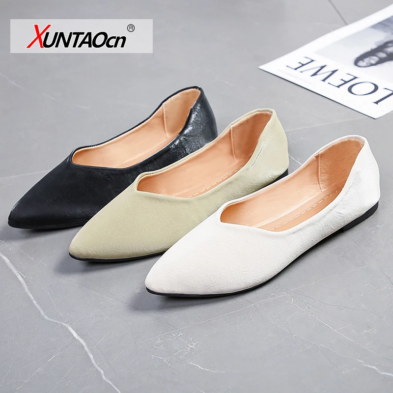 

2021 Spring Women Flats Black Pointed Toe Ballet Flats Shallow Boat Shoes Woman Flock Casual Shoes Female Loafers Apricot Pink