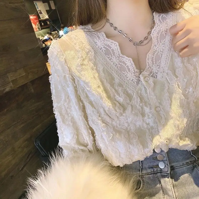 

2021 Summer V Neck Sexy Shirts Ladies Long Sleeve Chiffon Elegant Blouses and Tops Women Button Office Lace Shirt Korean Style