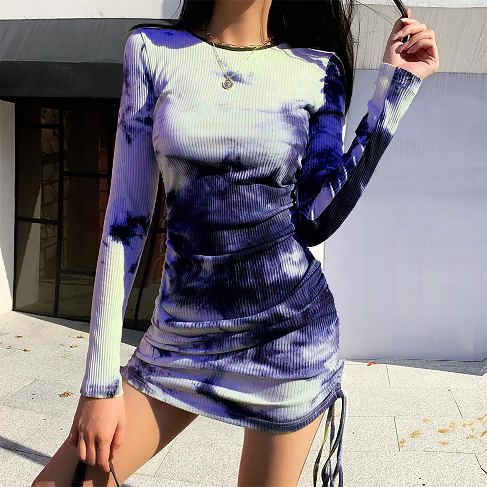 

Woman Fashion Fall Dress Oversized Soft Dress Autumn Winter Ladies Long Tie-dye O-neck Print Casual Long-sleeved Sleated Dress