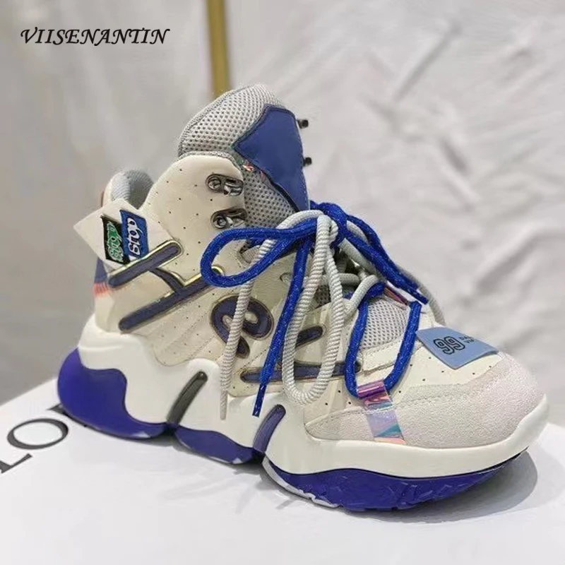 

Summer New Breathable Leather Old Shoes Women's Thick-soled Color Matching Cross-lace Fashion All-match Platform High-top Shoes