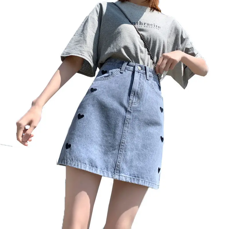

2021 New High Waist Denim Skirt Ladies A-line Skirt Waist Hip Skirt Slim Tide Love Embroidery