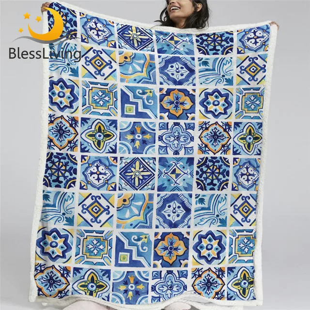 BlessLiving Watercolor Sherpa Blanket Mediterranean Ceramics Plush Blanket Geometric Squares Bedding Floral Custom Blanket New 1