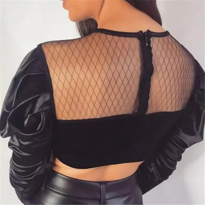 

Women Mesh Puff Sleeve Tops Blouse Sexy Hollow out Neck Women Tops See Through Sheer Casual Shirts Fashion Vintage Short Blouse