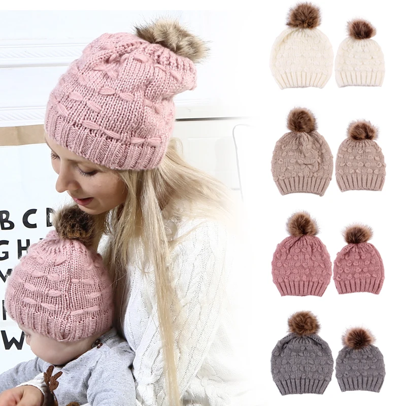 

Infant Baby Boy Girl & Mom Winter Knit Warm Soft Beanie Hat Hairball Cap for Adult Children Family Matching Caps Hats