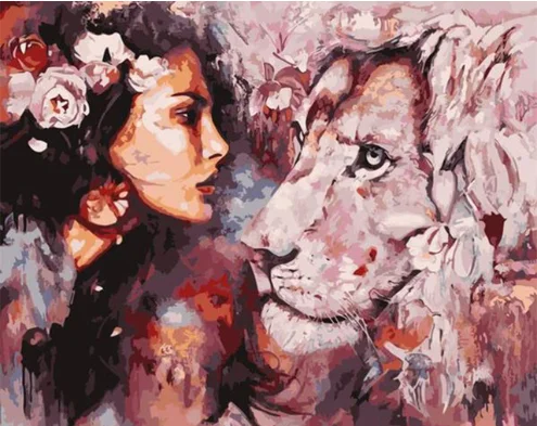 

Масляная краска ing Animal рисование на холсте Ручная Краска ed Art подарок DIY картина краска по номеру Лев и девочка комплекты, украшение для дома