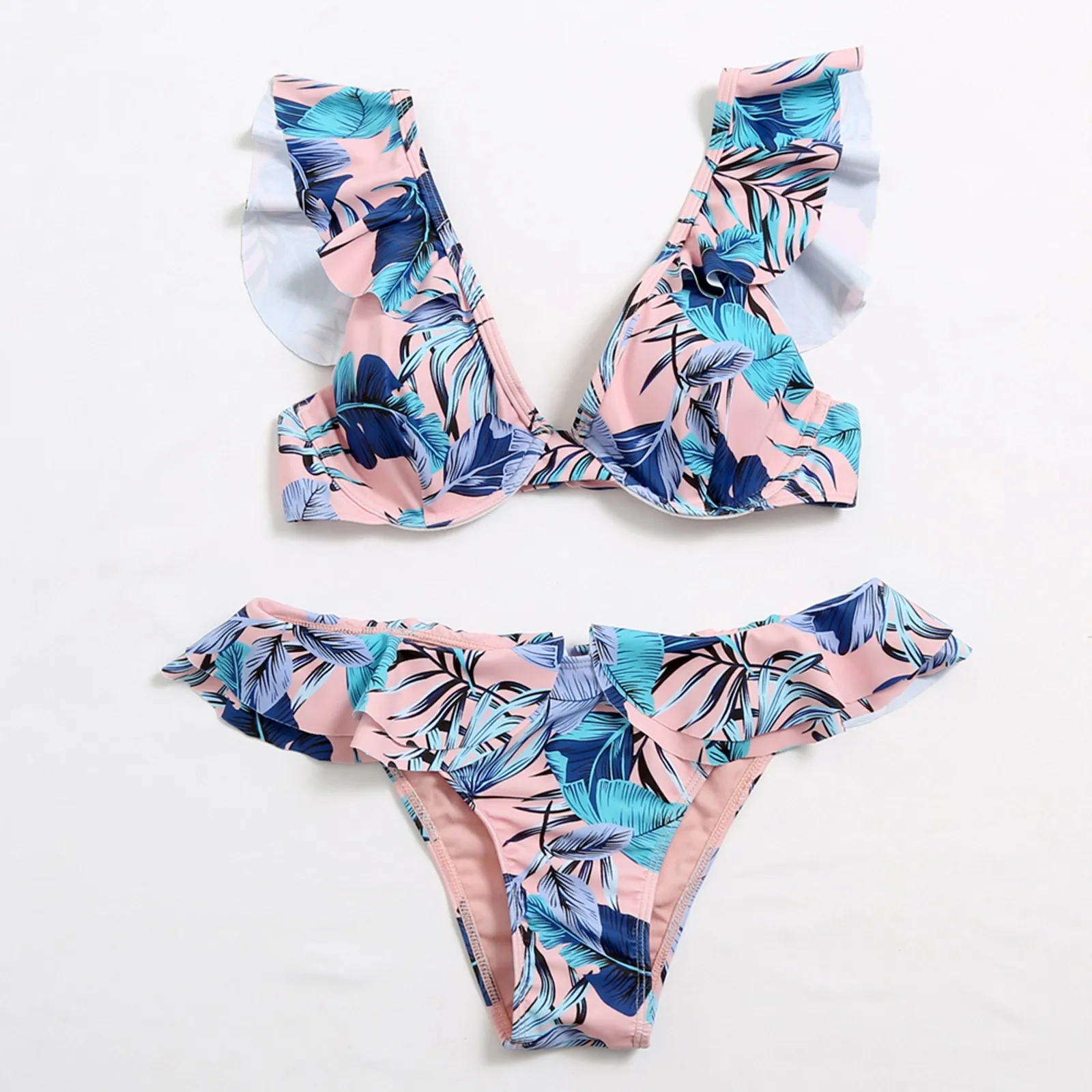 

Bikini Sets Leaf Printing Ruffle V-Neck Sleeveless High Waist Swimsuit for Women Beachwear Bathing Suit Femme Brazilian Bikini