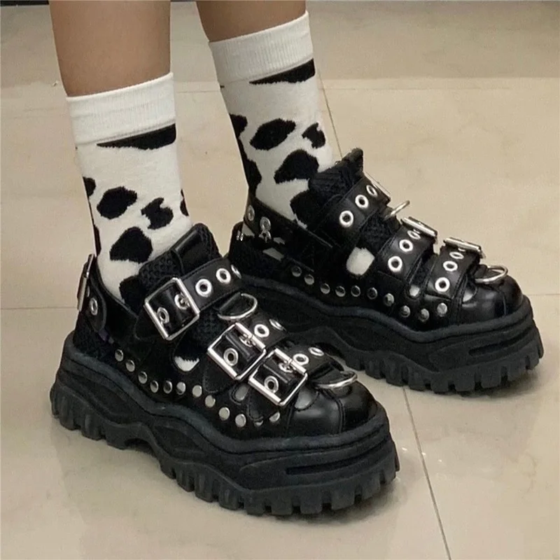

Ins Rivet Punk Metal Locomotive Thick Bottom Element Gothic Shoes Punk Lolita Women's Hollow Sandals Retro Multi Buckle Shoes