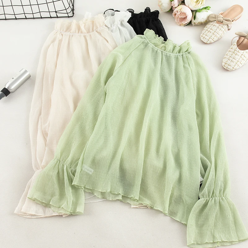 

Elegant Women Stand Collar Flare Sleeve Striped Mesh Gauze Basic Ruffles Shirt Vintage Elastic Loose Size Pullover Blouse Tops