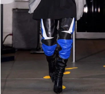 

Big size color matching locomotive pointy thin heel knee high boots stage boots