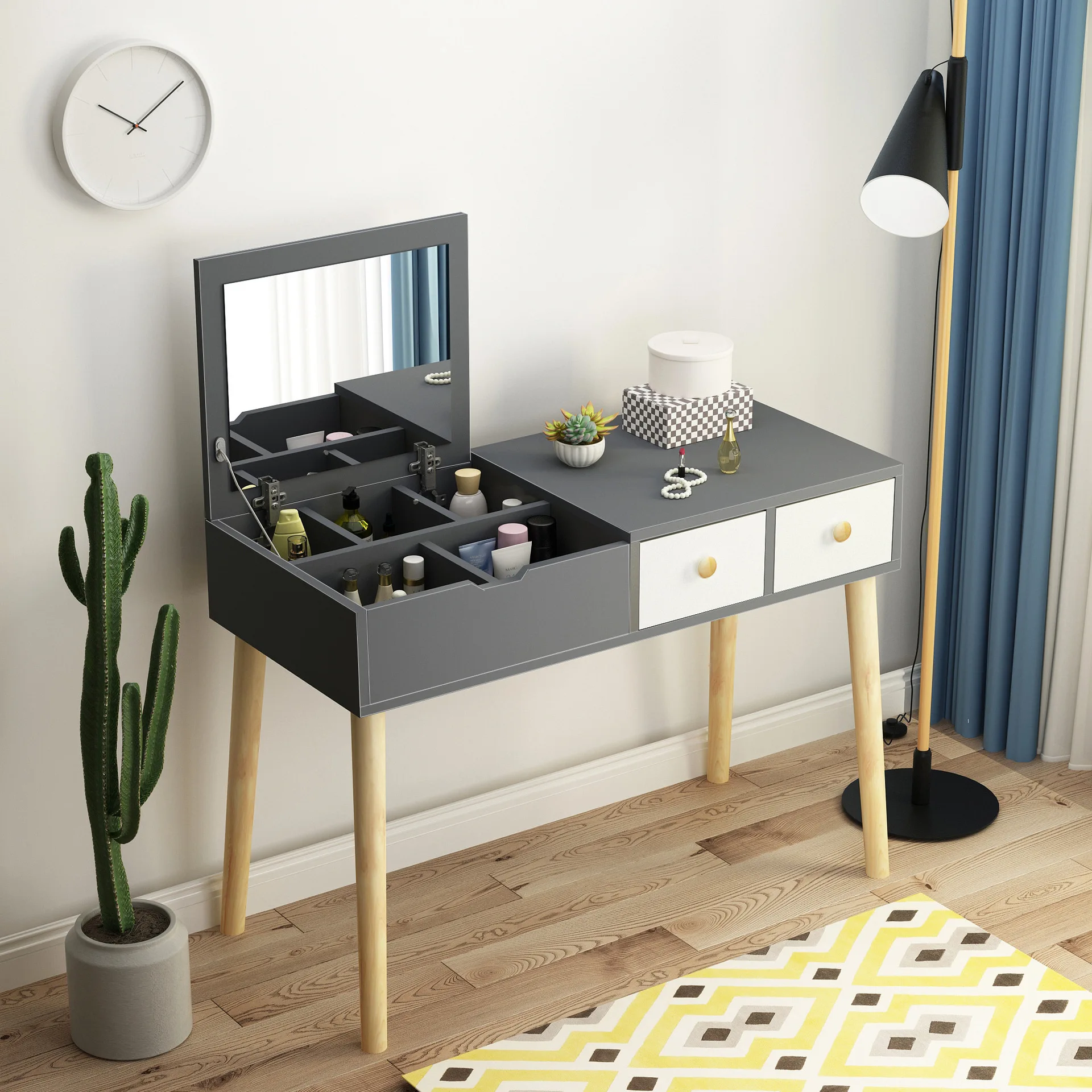 

90cm Dressing Table Nordic Bedroom Makeup Modern Simple Storage Table Multifunctional Clamshell Mirror Makeup Cabinet Stool