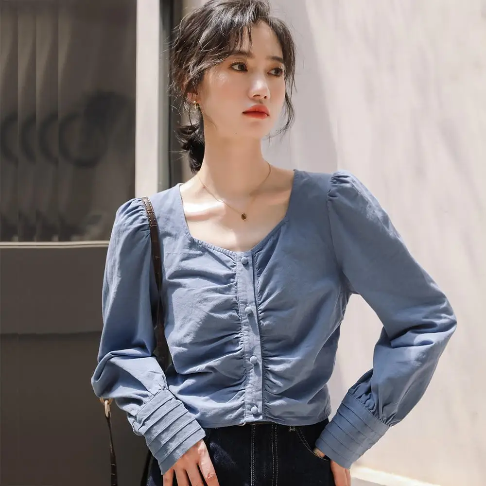 

New Fashion Retro Square Collar Blouse For Women Blue Casual Long Puff Sleeve Chic Folds OL Short Tops White Mujer