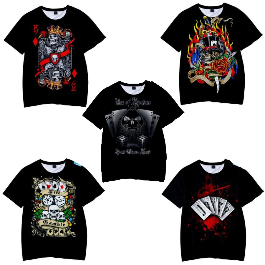

Футболка с 3D-принтом черепа и покера для мужчин и женщин, модная смешная рубашка с круглым вырезом и коротким рукавом, с графическим принтом ...