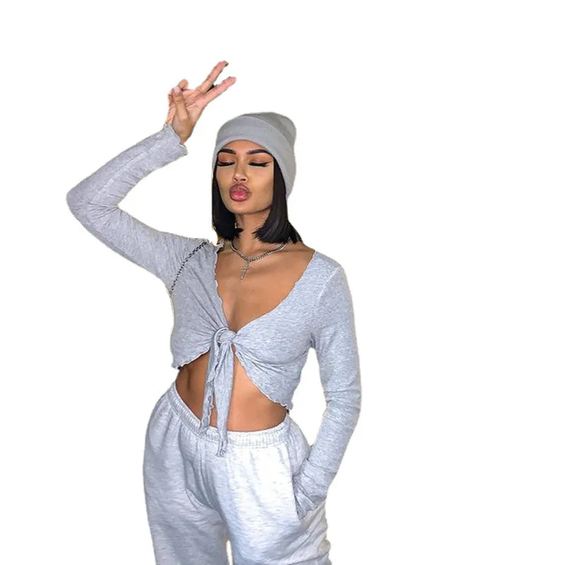 

Eversea Solid Color V Collar Tie Knot T-Shirt Hoodies Fashion Sexy Autumn Crop Tops