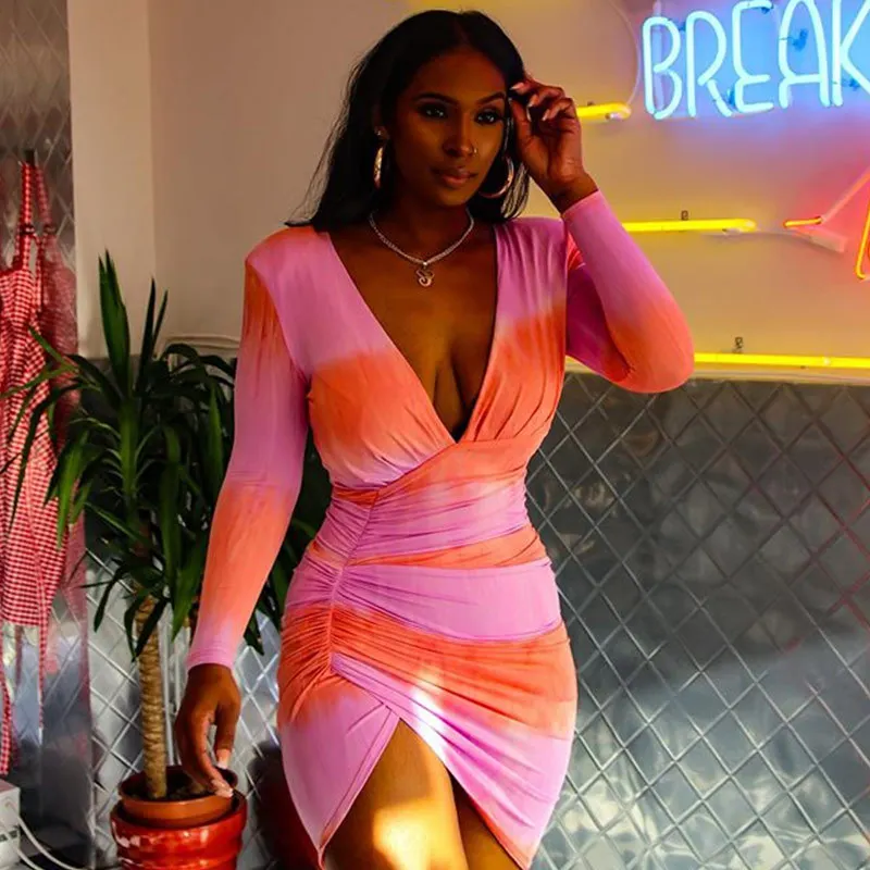 

Женское сексуальное облегающее мини-платье с V-образным вырезом, облегающее платье с длинным рукавом и поясом, уличная одежда, асимметрично...