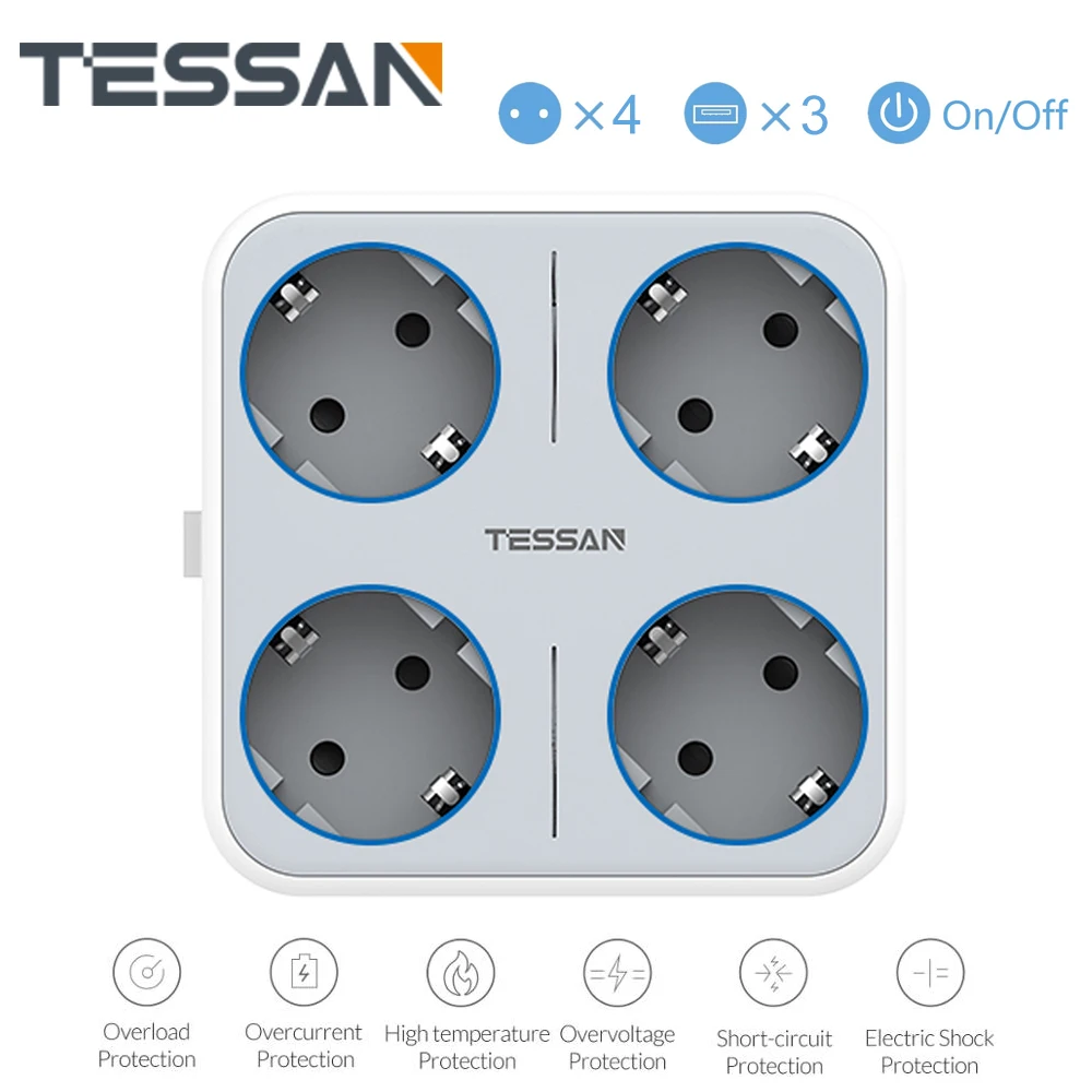

TESSAN EU Mulitple Wall Socket with On/Off Switch 4 AC Outlets 3 USB Charging Ports 5V 2.4A Power Strip Overload Protection