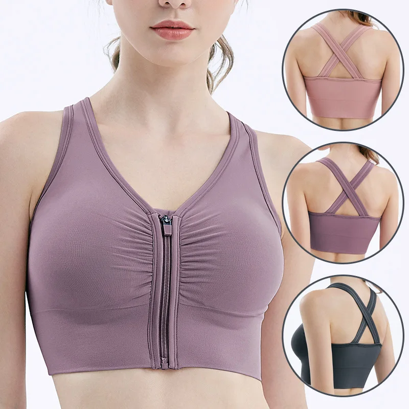 

Hot Women Zipper Push Up Vest Front Zipper Crosses Beautiful Back Sports Bra Women Gather Running Fitness Yoga Bra Gym Tops