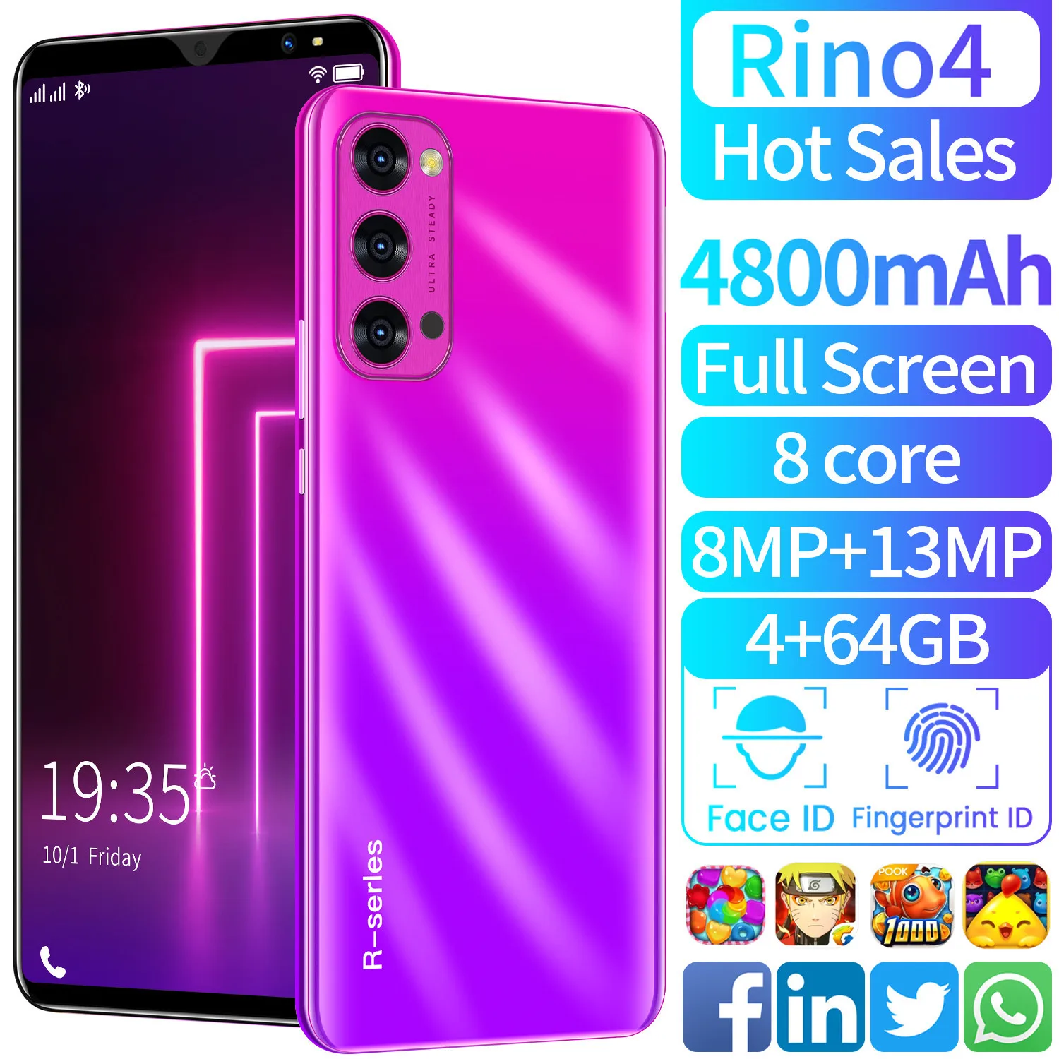 

5.0 Inch Rino4 Smartphone Globale Version Entsperren Really 4G 5G Android 10 8+13MP 4GB+64GB Celulares desbloqueado Cell Phone