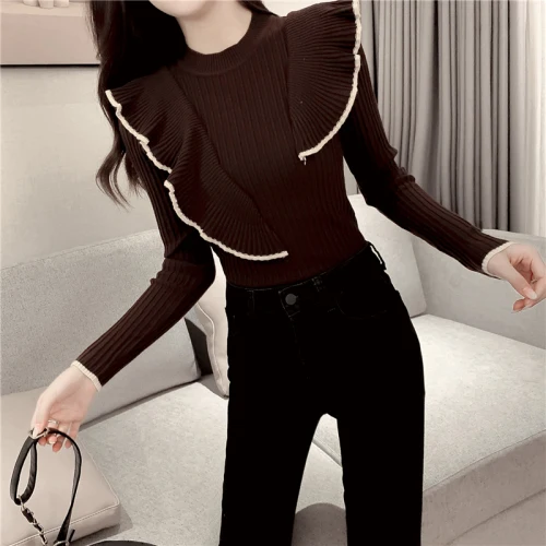 Женский трикотажный пуловер с оборками повседневный облегающий свитер длинным