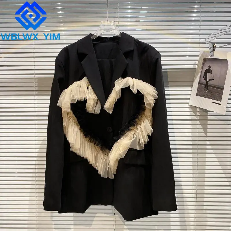 

Net yarn Spliced Blazer Jacket Women Fashion Single Button Pocket Patchwork Suit Jacket Female Spring Autumn Loose Blazers Coat