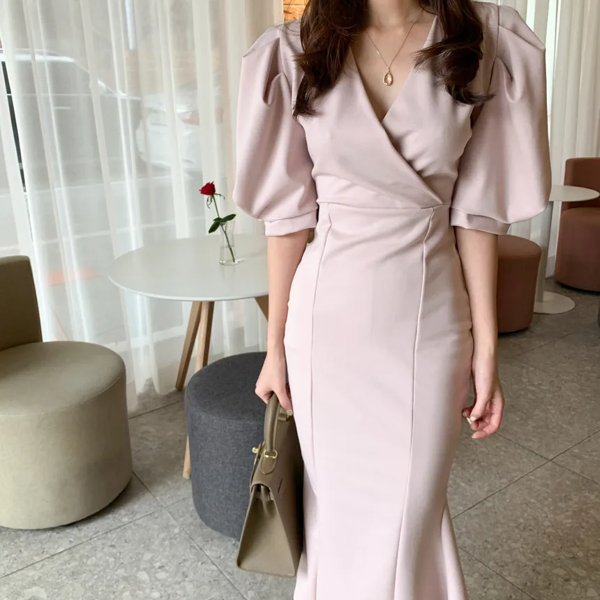 

ZOSOL Korean Style Chic Elegant French V-neck Cross Slim-Fit Puff Sleeve Fishtail Dress High Waist Mid-Length Hip Dress