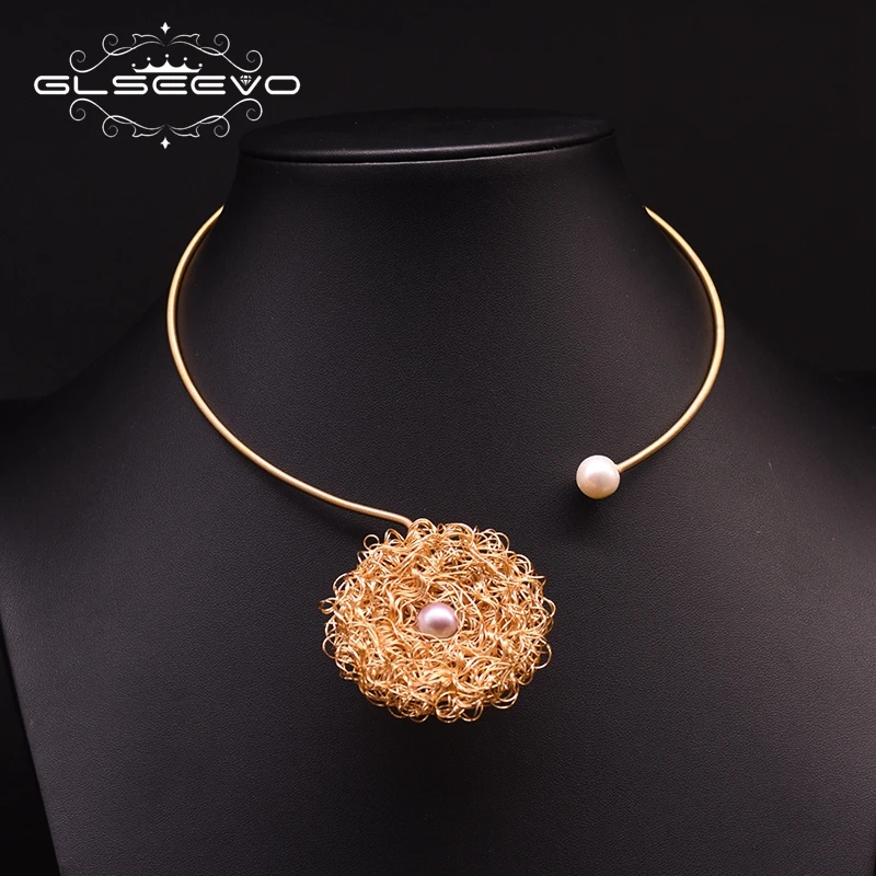 

GLSEEVO Real Natural Freshwater Pearl Choker Necklace For Women Luxury Round Geometry Statement Necklace Fine Jewelry GN0181