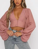 fashion womens tops 2021 springsummer new sexy deep v lantern sleeve high waist solid color top tops for women bad girl