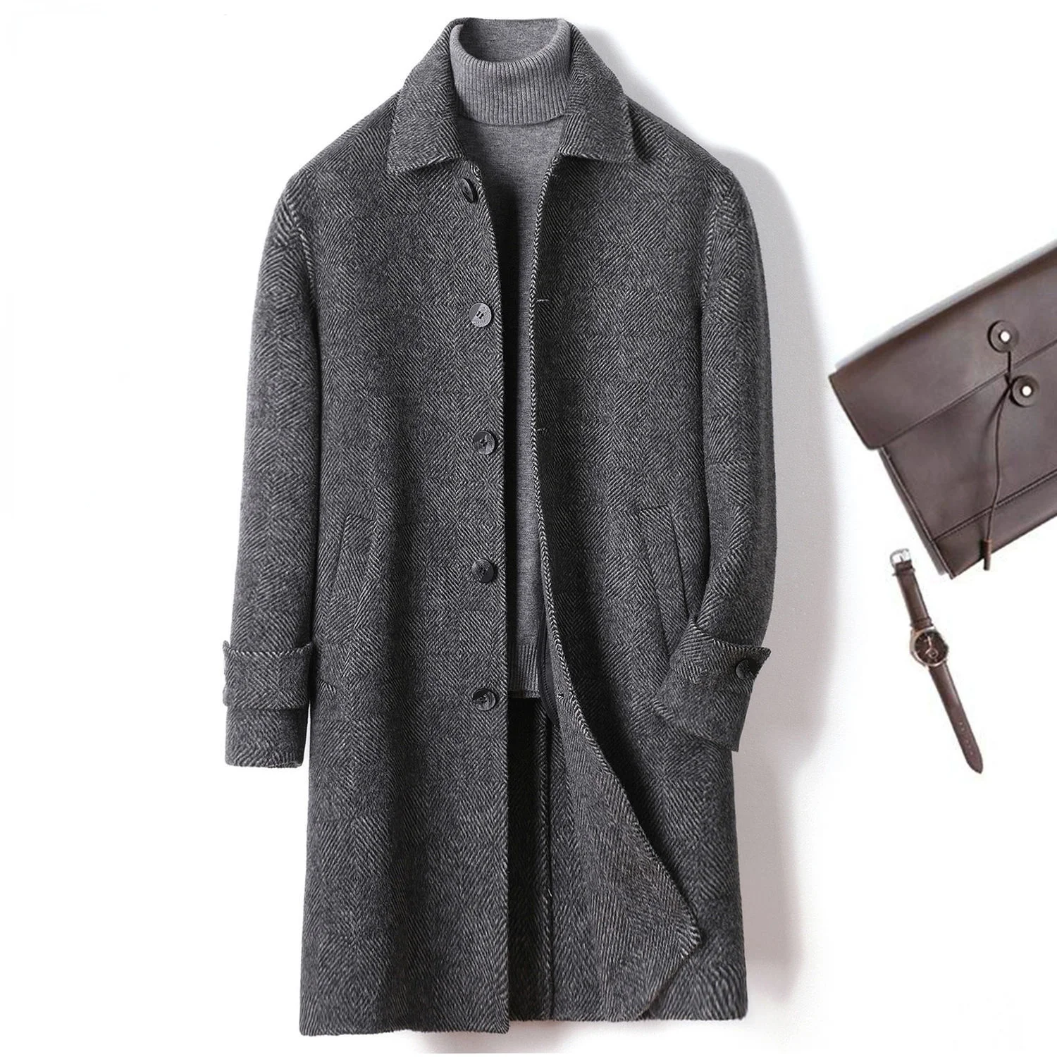 

2021 Autumn Winter New Fashion Men Wool Coat Casual Warm Woolen Coats Men Mid-length Jacket Men's Single Breasted Overcoat B441