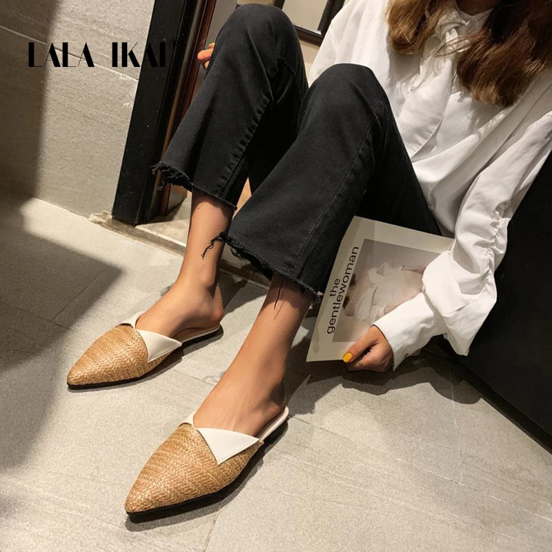 Женские летние соломенные тапочки LALA IKAI Нескользящие домашние на толстой