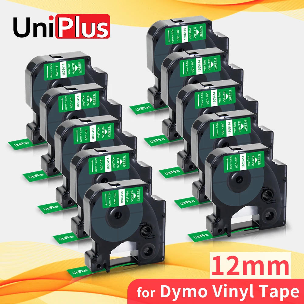 

UniPlus 10PK 12mm*5.5m Vinyl Label Tape 1805414 White on Green Compatible for Dymo Label Printer Rhino 5000 4200 1000 3000 5200