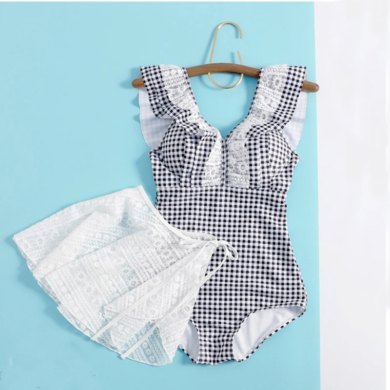 Цельный купальник в клетку с v образным вырезом пуш ап открытой спиной оборками