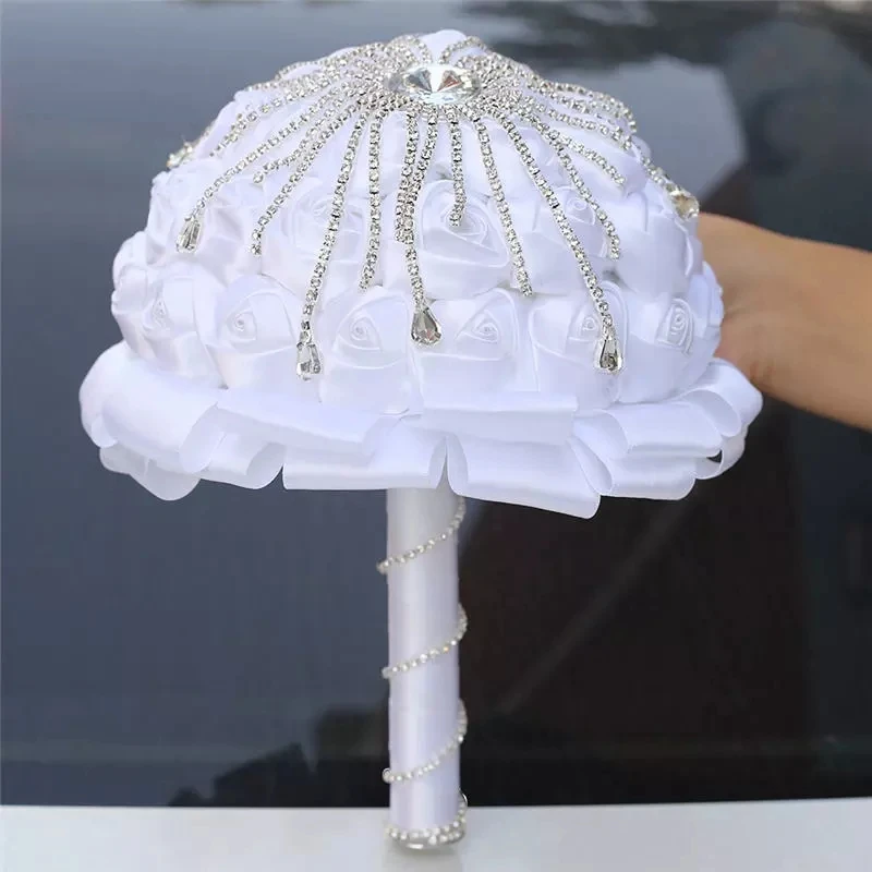

White Ribbon Rhinestones For Bride Bridesmaid Simulation Rose Modeling Wedding Embroidery HemiSphere Shape