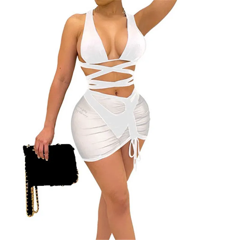 

WUHE Nightclub Two Piece Suits Deep V Neck Sleeveless Off Shoulder Top and Drawstring Lace Up Mini Skirts Party Casual Outfits
